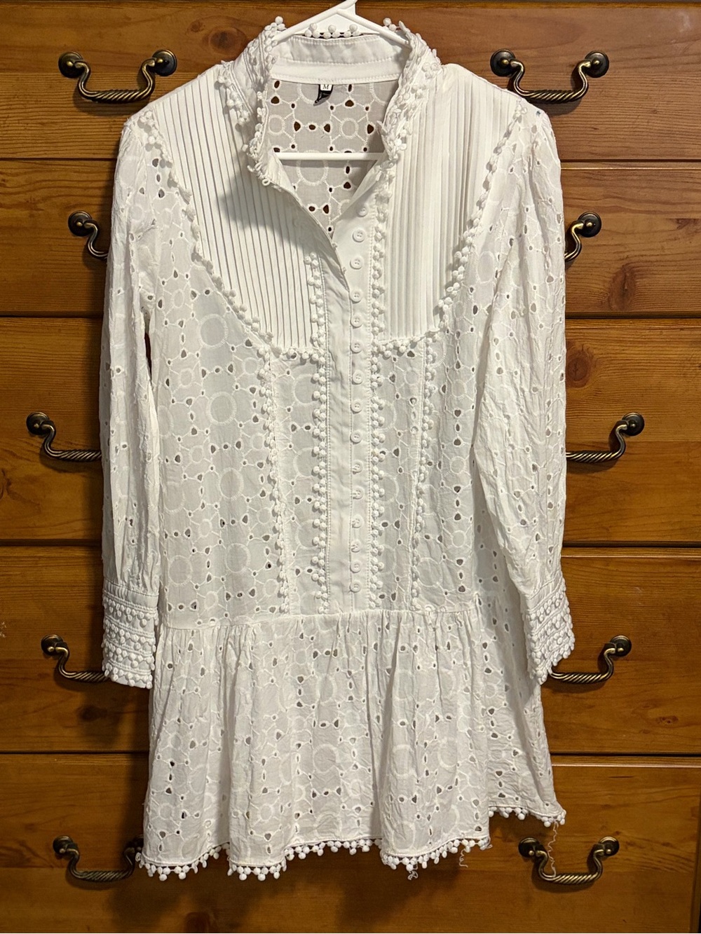 White Eyelet Long-Sleeve Button Front Dress